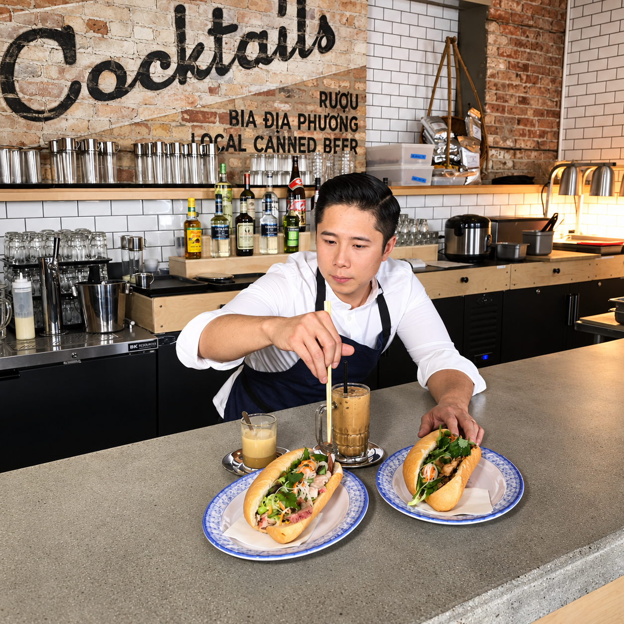 Chef Thai Dang preparing Vietnamese coffee at the café counter with bánh mì