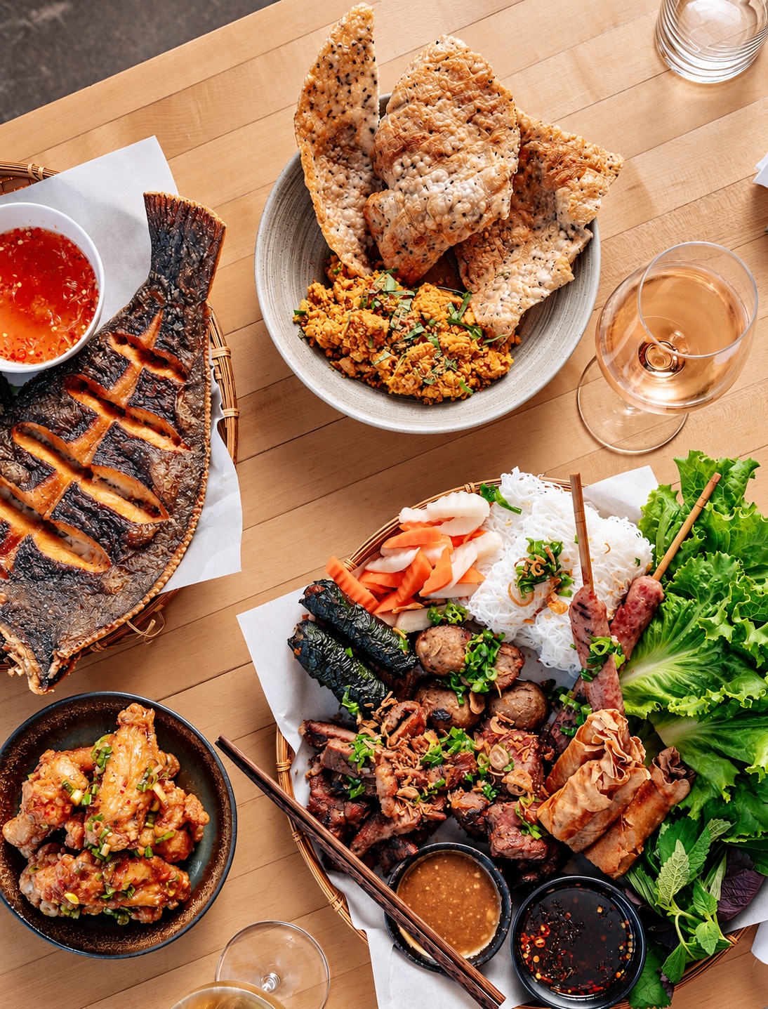 HaiSous Vietnamese feast: whole fish, caramelized chicken wings, grilled meats, fresh herbs and sesame rice crackers