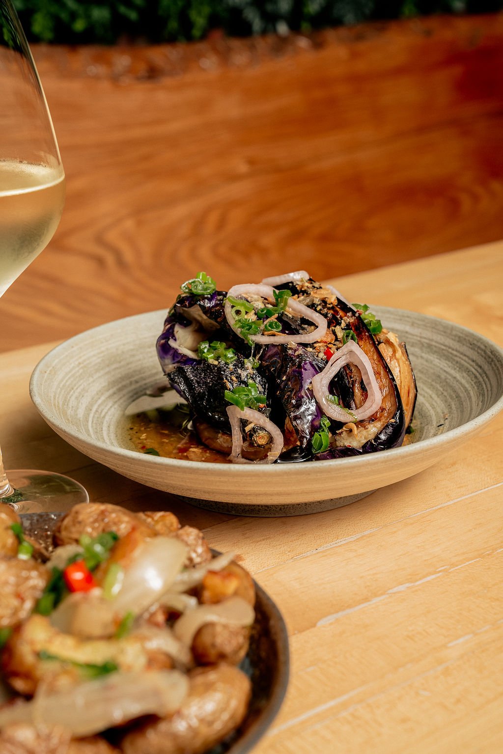 HaiSous grilled eggplant with scallion confit and pickled shallot